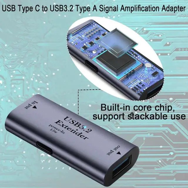 Alt view image 7 of 7 - USB C to USB3.2 Signal Amplification Extender Adapter, 10m/32.8ft Long Distance Extension Cable, 5Gbps 5V/3A Charging Data Connector with LED Indicator, Aluminum Alloy Housing and 15W USB C Power Supp