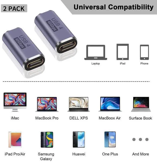 Alt view image 6 of 7 - 2-Pack USB C Female to Female Coupler, 100W 40Gbps Type C Extension Adapter, Thunderbolt 4 Compatible for iPhone, Galaxy, Docking Station