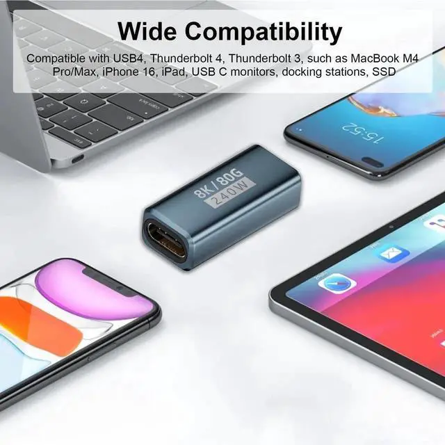 Alt view image 2 of 7 - 2-Pack 240W USB C Female to Female Coupler, 80Gbps 8K@60Hz Type C Extender Adapter, Thunderbolt 5/4 Compatible for iPhone 15, MacBook, Steam Deck, Switch