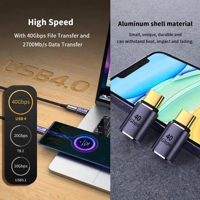 Alt view image 2 of 7 - 2-Pack USB C Male to Female Extension Adapter, 40Gbps 8K@60Hz Type C Extender, 100W PD Charging Thunderbolt 4 Connector Compatible for iPhone MacBook Pro