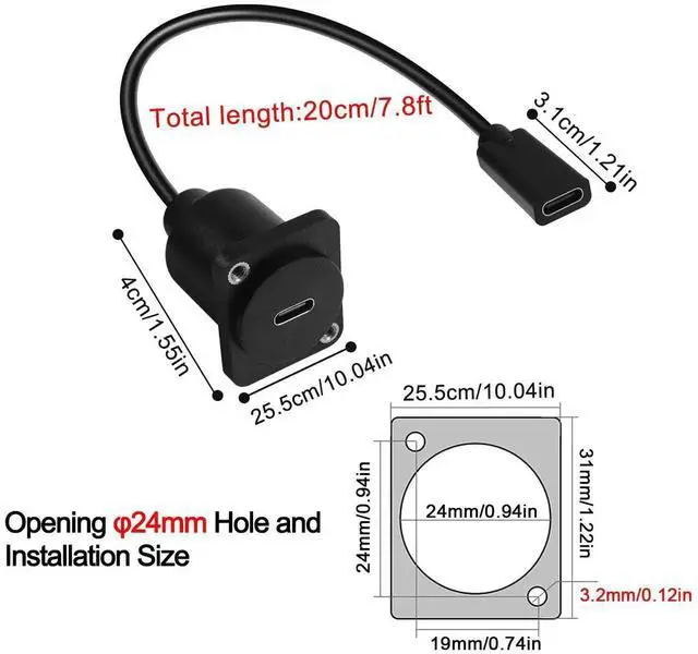 Alt view image 4 of 7 - 10Gbps USB C Panel Mount Adapter, 100W USB3.1 Type C Female to Female Panel Mount Socket, D/XLR Panel Mount, 20V/5A Charging & Data Transfer, 20cm/7.8in