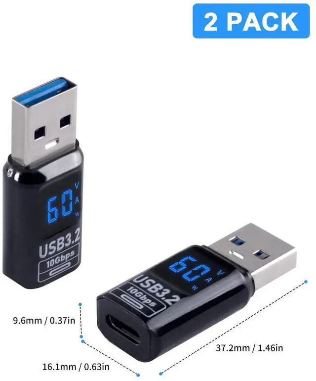 Alt view image 3 of 7 - 2-Pack USB C Female to USB A Male Adapter, 10Gbps USB 3.2 Converter with Digital Display, PD 60W 5V/3A One-Sided Data Transfer Compatible for iPhone MacBook