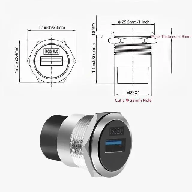 Alt view image 6 of 6 - 1-Pack Silver USB3.0 Female to Female Panel Mount Adapter, 5Gbps High-Speed Waterproof Dustproof Round USB Converter Connector for Data Transfer & Charging