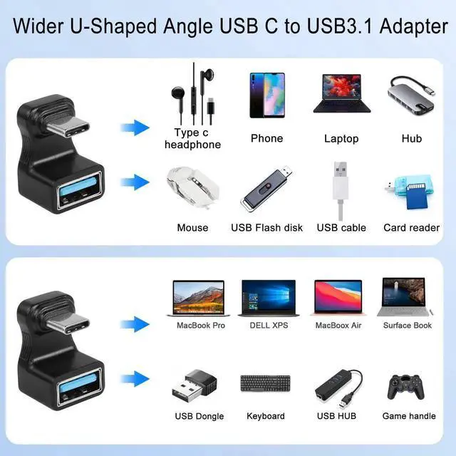 Alt view image 2 of 7 - 2Pcs Wider U-Shaped 180° USB C to USB3.1 Adapter, 10Gbps Type C Male to USB3.1 Female Wide Distance Angle Connector, Support AV Transfer OTG for Steam Deck Smartphone Laptop Tablet