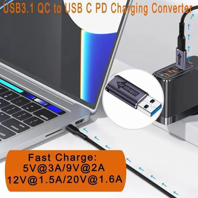 Alt view image 7 of 7 - 2Pcs USB3.1 QC to USB C PD Adapter, 32W Fast Charging USB3.1 Male to Type C Female Connector with LED Indicator & Hanging Hole for Laptop Tablet Smartphone PC
