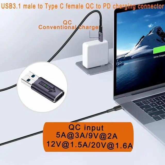 Alt view image 2 of 7 - 2Pcs USB3.1 QC to USB C PD Adapter, 32W Fast Charging USB3.1 Male to Type C Female Connector with LED Indicator & Hanging Hole for Laptop Tablet Smartphone PC