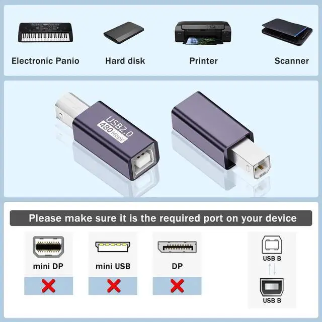 Alt view image 4 of 7 - 2Pcs USB B Male to Female Adapter, 480Mbps 7W Charging MIDI Plug to Jack Aluminum Alloy Connector, Extension for USB B/MIDI Port Printer Scanner Electronic Drum Musical Instrument