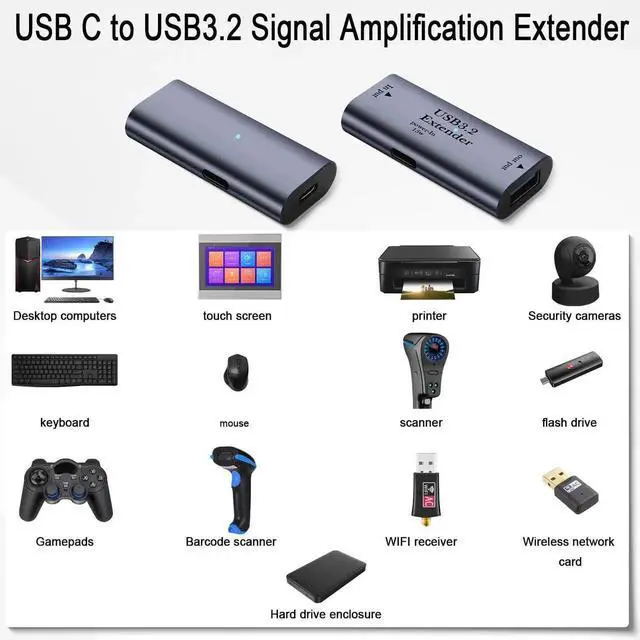 Alt view image 5 of 7 - USB C to USB3.2 Signal Amplification Extender Adapter 10M/32.8ft, 5Gbps Data Transfer 5V/3A Charging, Aluminum Alloy Housing with LED Indicator & USB-C 15W Power Supply Port
