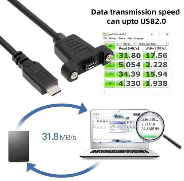 Alt view image 3 of 7 - USB 2.0 Extension Cords 1.6FT, Micro USB 5Pin Female to Type-C Male Charging Data Cable with Panel Mount Screws, Compatible for Camera Mobile Hard Disk MP3 Player GPS Receiver