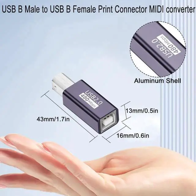 Alt view image 5 of 7 - USB B Male to Female Printer MIDI Adapter, 480Mbps Data 7W Charging Aluminum Alloy Shell, USB B Port Extension Connector for Printer Scanner Electronic Drum Musical Instrument, 2 Pack