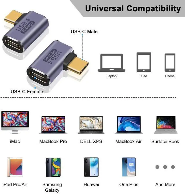 Alt view image 3 of 7 - Right Angle USB C Adapter 2 Pack, 90 Degree Type C Extender 40Gbps, Support 8K Video & 100W Fast Charging Compatible with Thunderbolt 4 USB4 Phone Tablet