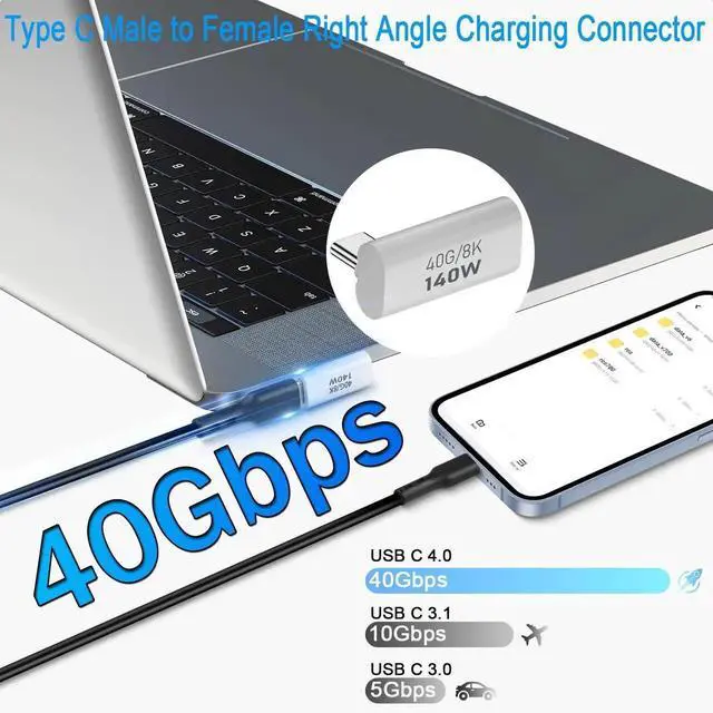 Alt view image 5 of 7 - 90° Vertical Bend USB4.0 Type C Angle Adapter 2 Pack, 140W PD Fast Charging 40Gbps Data Transfer 8K@60Hz Video, Aluminum Alloy Shell Compatible with Thunderbolt 3 iPhone 15 Steam Deck