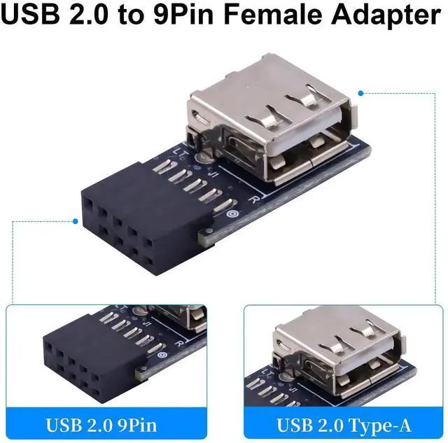 Alt view image 7 of 7 - 9 Pin USB 2.0 Female Header to USB A Female Port Adapter 2 Pack, 90 Degree Right & Left Angle Motherboard Header Connector for Computer Desktop Mainboard
