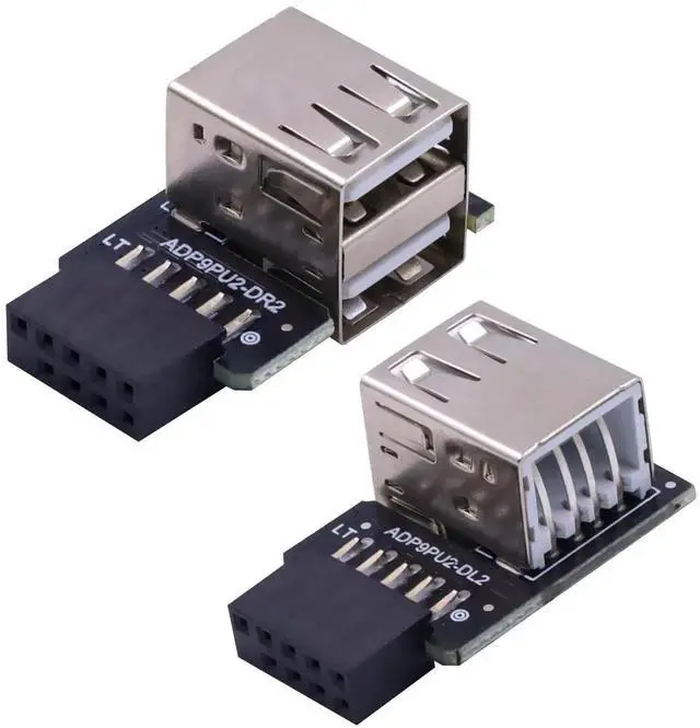 Main image of 9 Pin USB 2.0 Female Header to Dual USB A Female Port Adapter 2 Pack, 90 Degree Left & Right Angle Motherboard Header Connector for Computer Desktop Mainboard DIY