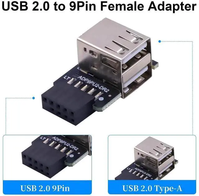 Alt view image 2 of 7 - 9 Pin USB 2.0 Female Header to Dual USB A Female Port Adapter 2 Pack, 90 Degree Left & Right Angle Motherboard Header Connector for Computer Desktop Mainboard DIY