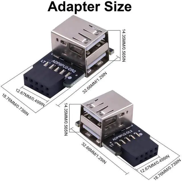 Alt view image 6 of 7 - 9 Pin USB 2.0 Female Header to Dual USB A Female Port Adapter 2 Pack, 90 Degree Left & Right Angle Motherboard Header Connector for Computer Desktop Mainboard DIY