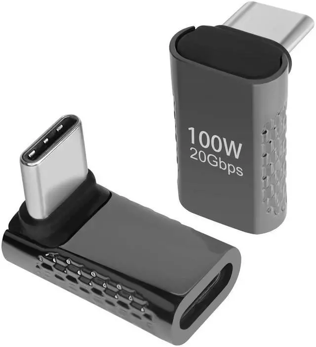 Main image of USB C 90 Degree Front Bend Adapter 2 Pack, USB3.2 20Gbps 100W Fast Charging Type C Male to Female Right Angle Connector, 8K Audio Video Output Dark Silver for Smartphone Tablet Steam Deck