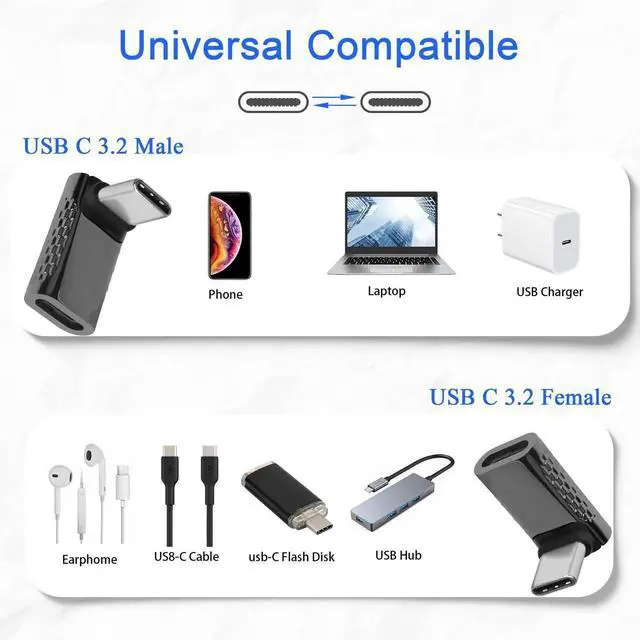 Alt view image 7 of 7 - USB C 90 Degree Front Bend Adapter 2 Pack, USB3.2 20Gbps 100W Fast Charging Type C Male to Female Right Angle Connector, 8K Audio Video Output Dark Silver for Smartphone Tablet Steam Deck