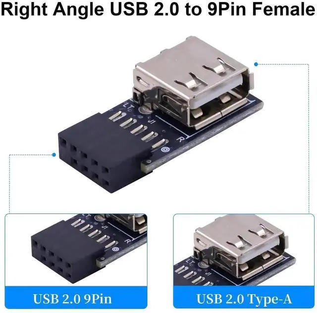 Alt view image 3 of 7 - USB 2.0 Female to Motherboard 9 Pin Header Adapter 2-Pack, 90 Degree Right Angle Mainboard Header Connector for Desktop PC Internal Wiring