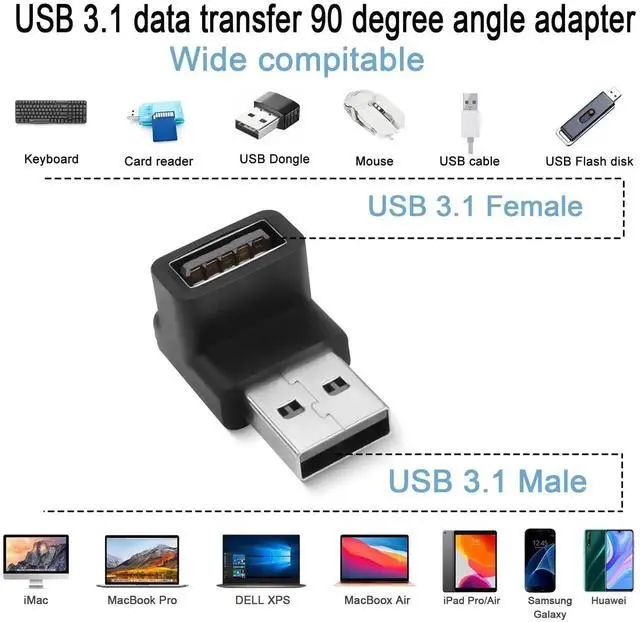 Alt view image 5 of 6 - USB 3.1 90 Degree Right Angle Adapter 2 Pack, 10Gbps USB A Male to Female L-Angle Coupler, 3A Fast Charging OTG Data Connector with Female End Down Positive Bend Design