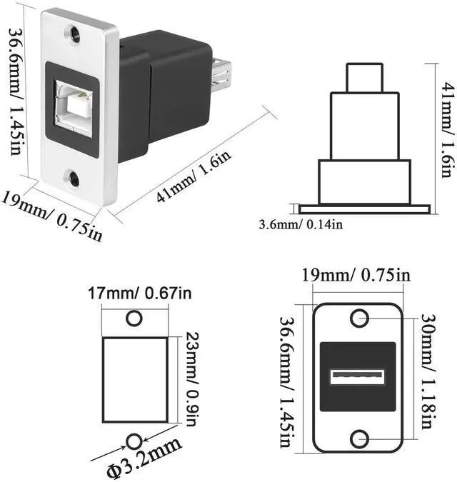 Alt view image 3 of 7 - USB B to USB 2.0 Panel Mount Adapter, USB B Female to USB 2.0 Type A Female Fixed Panel Print Connector, Desktop Device Board Mount Data Coupler for Printer Scanner Fax External Hard Drive