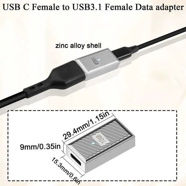 Alt view image 2 of 7 - PD120W USB C Female to USB3.1 Female OTG Adapter 2Pcs, 10Gbps Type C to USB3.1 Jack Pass-Through Extender with LED Light, Zinc Alloy Shell 4K Audio Video Output Silvery Coupler