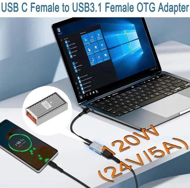 Alt view image 5 of 7 - PD120W USB C Female to USB3.1 Female OTG Adapter 2Pcs, 10Gbps Type C to USB3.1 Jack Pass-Through Extender with LED Light, Zinc Alloy Shell 4K Audio Video Output Silvery Coupler