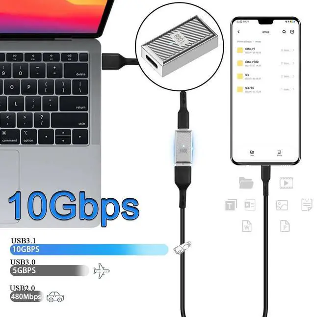 Alt view image 7 of 7 - PD120W USB C Female to USB3.1 Female OTG Adapter 2Pcs, 10Gbps Type C to USB3.1 Jack Pass-Through Extender with LED Light, Zinc Alloy Shell 4K Audio Video Output Silvery Coupler