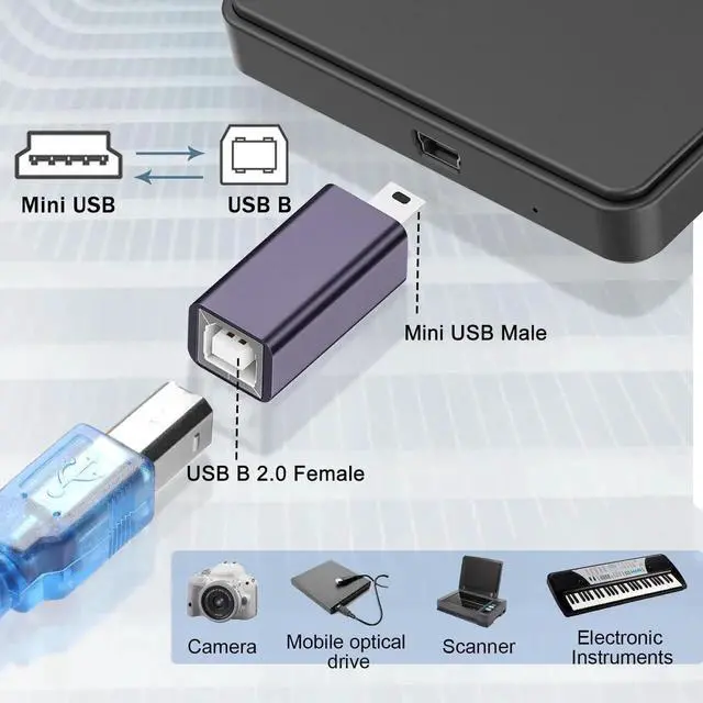 Alt view image 6 of 7 - Mini USB to MIDI Electronic Musical Adapter 2 Pack, Mini USB Male to USB B Female 480Mbps Data Print Connector 7W Charging, Aluminum Alloy Shell for Printer Scanner Electronic Piano Drum