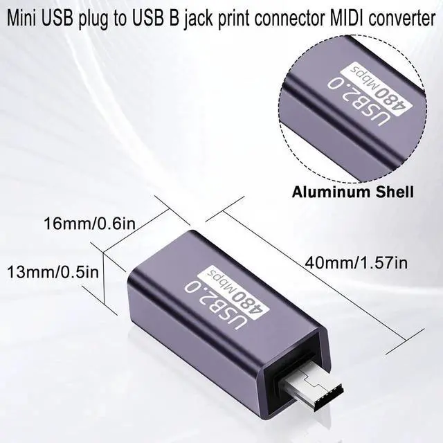 Alt view image 7 of 7 - Mini USB to MIDI Electronic Musical Adapter 2 Pack, Mini USB Male to USB B Female 480Mbps Data Print Connector 7W Charging, Aluminum Alloy Shell for Printer Scanner Electronic Piano Drum