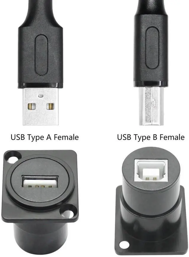 Alt view image 3 of 7 - 2Pcs D-Type USB 2.0 Panel Mount Adapter, USB A Female to USB B Female Printer Connector with Mounting Screws for Printer Scanner Audio Equipment