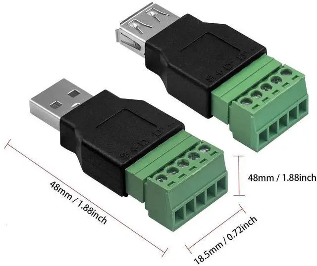Alt view image 4 of 6 - USB 2.0 A Screw Terminal Block Connector 2-Pack, USB A Male Female Plug to 5 Pin Way Screw Terminal Breakout Board Converter Adapter