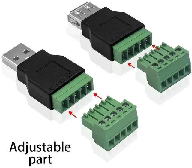 Alt view image 6 of 6 - USB 2.0 A Screw Terminal Block Connector 2-Pack, USB A Male Female Plug to 5 Pin Way Screw Terminal Breakout Board Converter Adapter