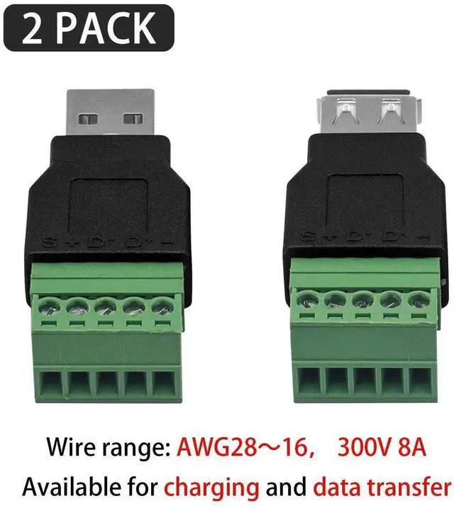 Alt view image 2 of 6 - USB 2.0 A Screw Terminal Block Connector 2-Pack, USB A Male Female Plug to 5 Pin Way Screw Terminal Breakout Board Converter Adapter