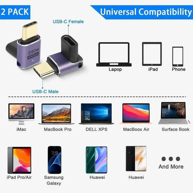 Alt view image 5 of 7 - 2Pcs USB4.0 Type C 90 Degree Right Angle Adapter, 240W 40Gbps Male to Female Coupler with LED Indicator, 8K Audio Video Transfer for Smartphone Tablet Steam Deck