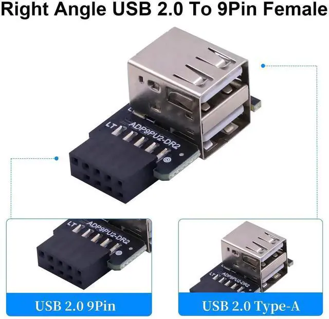 Alt view image 6 of 7 - 90 Degree Right Angle 9Pin USB 2.0 Motherboard Header to Dual USB A Adapter 2-Pack, Internal Mainboard Female Header to Dual Type A Port Extension Connector
