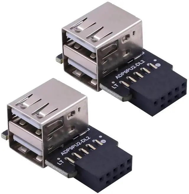 Main image of 90 Degree Left Angle 9Pin USB 2.0 Motherboard Header to Dual USB A Adapter 2-Pack, Internal Mainboard 9Pin Female Header to Dual Type A Port Extension Connector