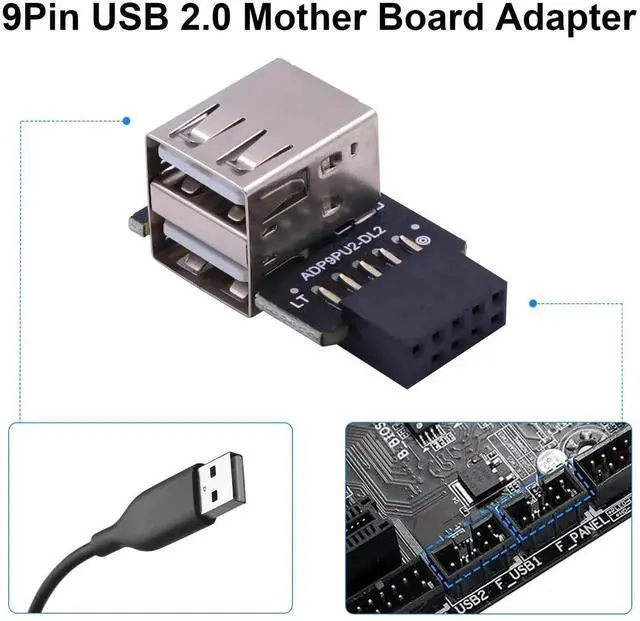 Alt view image 2 of 6 - 90 Degree Left Angle 9Pin USB 2.0 Motherboard Header to Dual USB A Adapter 2-Pack, Internal Mainboard 9Pin Female Header to Dual Type A Port Extension Connector