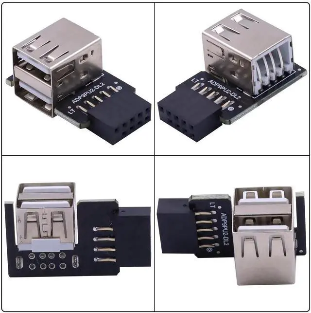 Alt view image 3 of 6 - 90 Degree Left Angle 9Pin USB 2.0 Motherboard Header to Dual USB A Adapter 2-Pack, Internal Mainboard 9Pin Female Header to Dual Type A Port Extension Connector