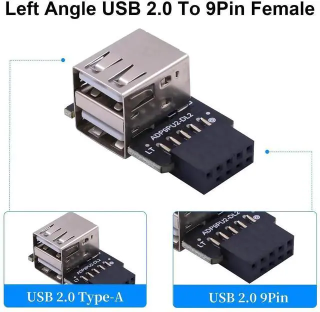 Alt view image 5 of 6 - 90 Degree Left Angle 9Pin USB 2.0 Motherboard Header to Dual USB A Adapter 2-Pack, Internal Mainboard 9Pin Female Header to Dual Type A Port Extension Connector