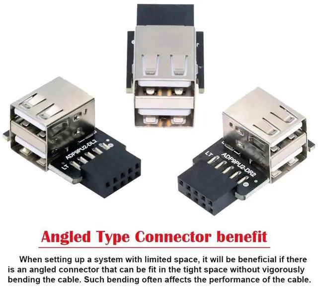 Alt view image 5 of 7 - 3Pcs Set 90 Degree Vertical Angled 9Pin/10Pin USB 2.0 Motherboard Header Adapter, Front Panel 9Pin/10Pin Female to Dual USB Type A Female Extension Connector