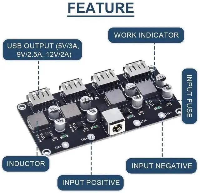 Alt view image 5 of 7 - 6-32V to 5V 4 Port QC3.0 DC-DC Buck Converter, 9V 12V 24V Step-Down Fast Charging Module with QC2.0 Quick Charger Circuit Board, 24AWG USB Cable