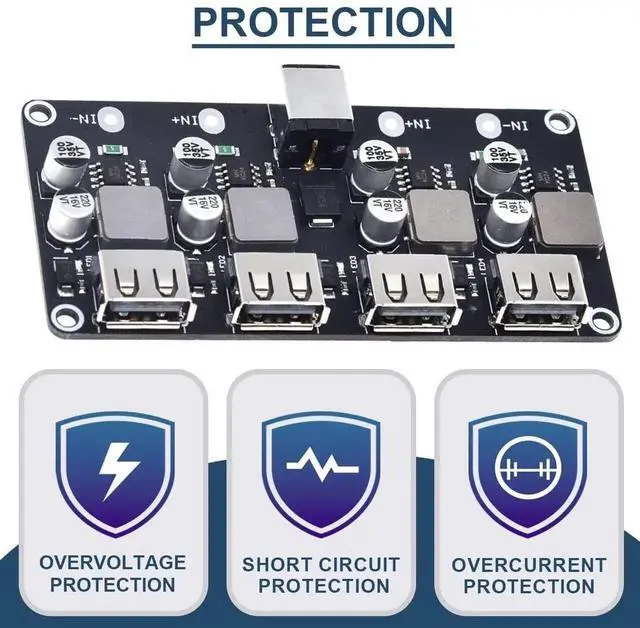 Alt view image 2 of 7 - 6-32V to 5V 4 Port QC3.0 DC-DC Buck Converter, 9V 12V 24V Step-Down Fast Charging Module with QC2.0 Quick Charger Circuit Board, 24AWG USB Cable