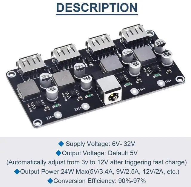 Alt view image 6 of 7 - 6-32V to 5V 4 Port QC3.0 DC-DC Buck Converter, 9V 12V 24V Step-Down Fast Charging Module with QC2.0 Quick Charger Circuit Board, 24AWG USB Cable