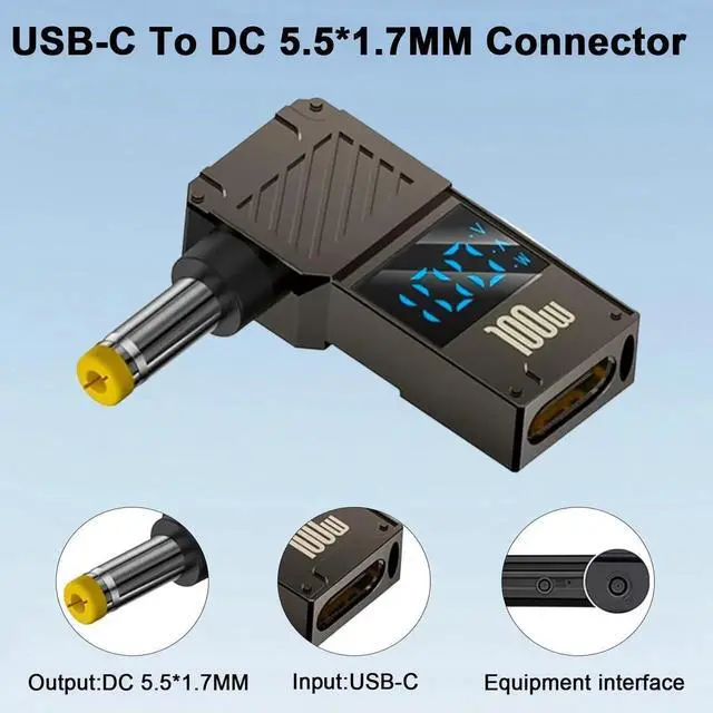 Alt view image 6 of 7 - 90 Degree USB C Female to DC 5.5x1.7mm Power Adapter, LED Digital Display 100W 20V 5A Laptop Charger Connector, 1-Pack