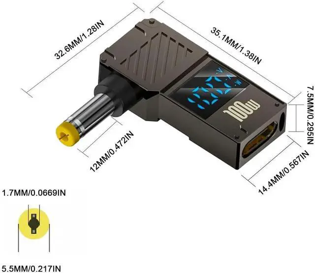 Alt view image 4 of 7 - 90 Degree USB C Female to DC 5.5x1.7mm Power Adapter, LED Digital Display 100W 20V 5A Laptop Charger Connector, 1-Pack