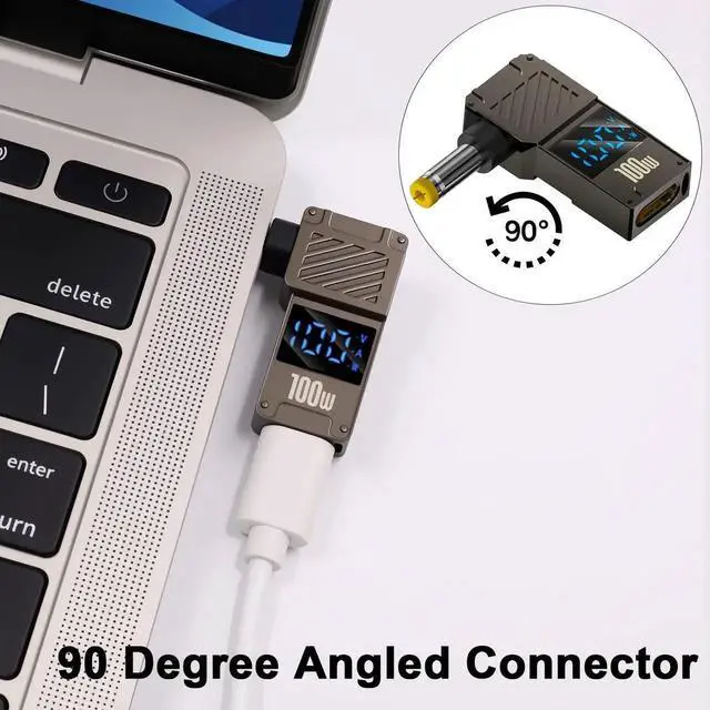 Alt view image 2 of 7 - 90 Degree USB C Female to DC 5.5x1.7mm Power Adapter, LED Digital Display 100W 20V 5A Laptop Charger Connector, 1-Pack