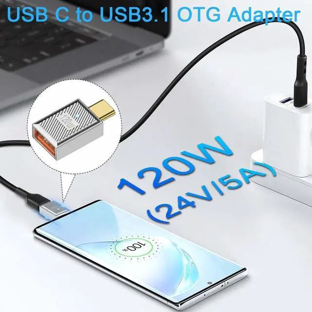 Alt view image 5 of 7 - 2Pcs Silver PD120W 10Gbps USB C to USB3.1 OTG Adapter, Zn Alloy LED Light USB C Male to USB3.1 Female Fast Charging Data Connector for Phone Tablet Mouse Keyboard