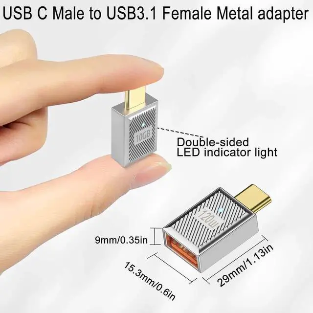 Alt view image 6 of 7 - 2Pcs Silver PD120W 10Gbps USB C to USB3.1 OTG Adapter, Zn Alloy LED Light USB C Male to USB3.1 Female Fast Charging Data Connector for Phone Tablet Mouse Keyboard