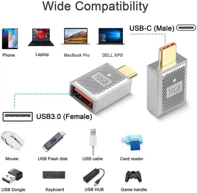 Alt view image 7 of 7 - 2Pcs Silver PD120W 10Gbps USB C to USB3.1 OTG Adapter, Zn Alloy LED Light USB C Male to USB3.1 Female Fast Charging Data Connector for Phone Tablet Mouse Keyboard